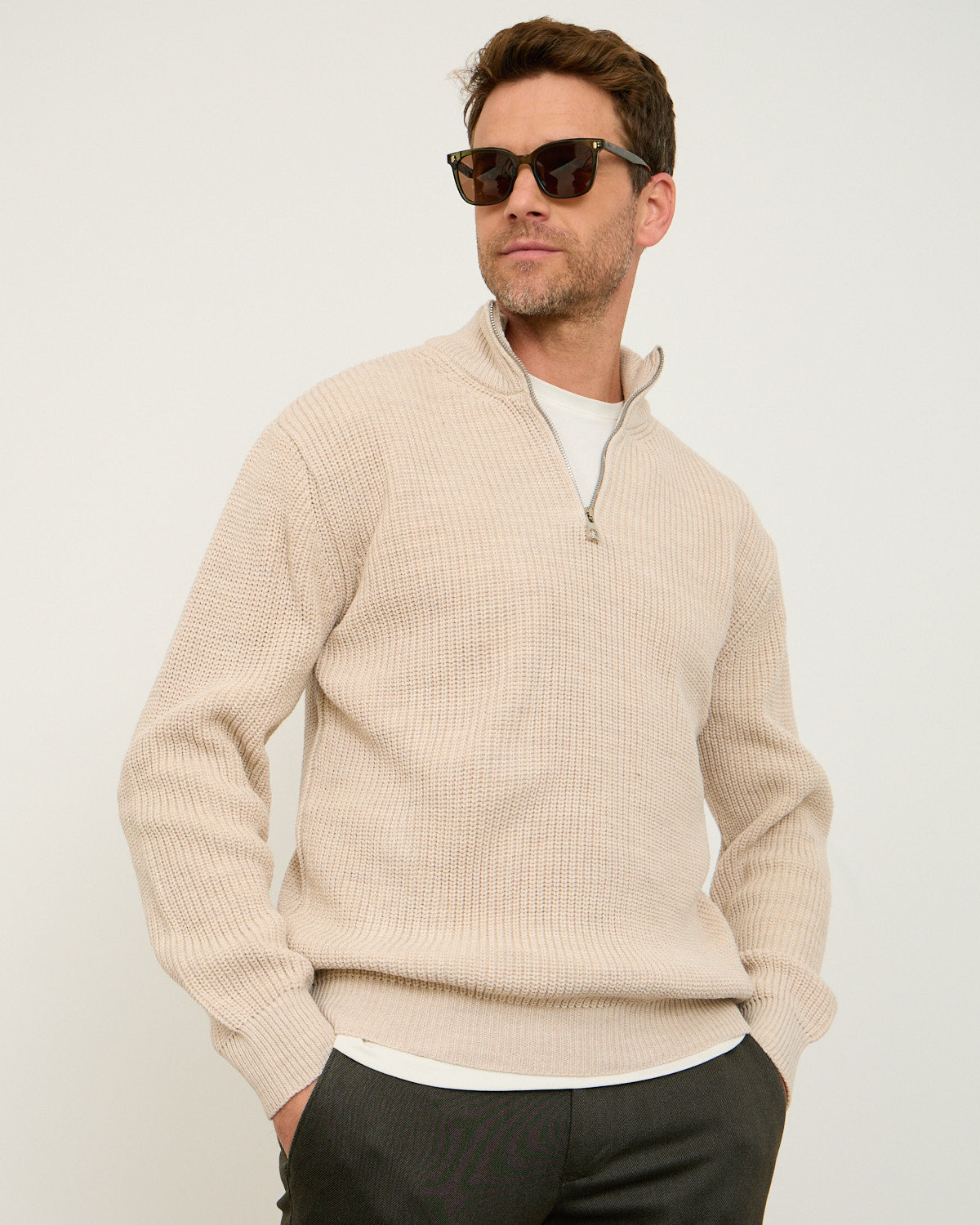 Beige Knitted Wool Zipneck Sweater
