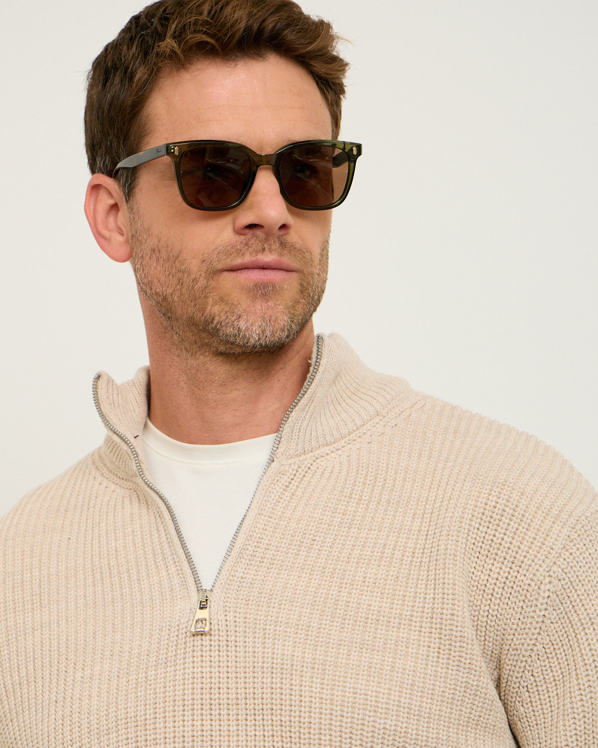 Beige Knitted Wool Zipneck Sweater