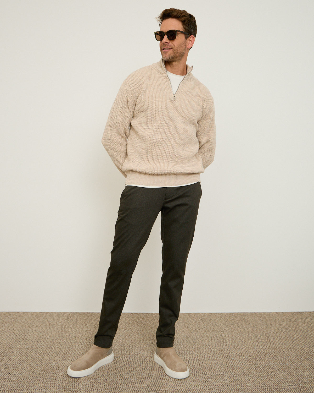 Beige Knitted Wool Zipneck Sweater