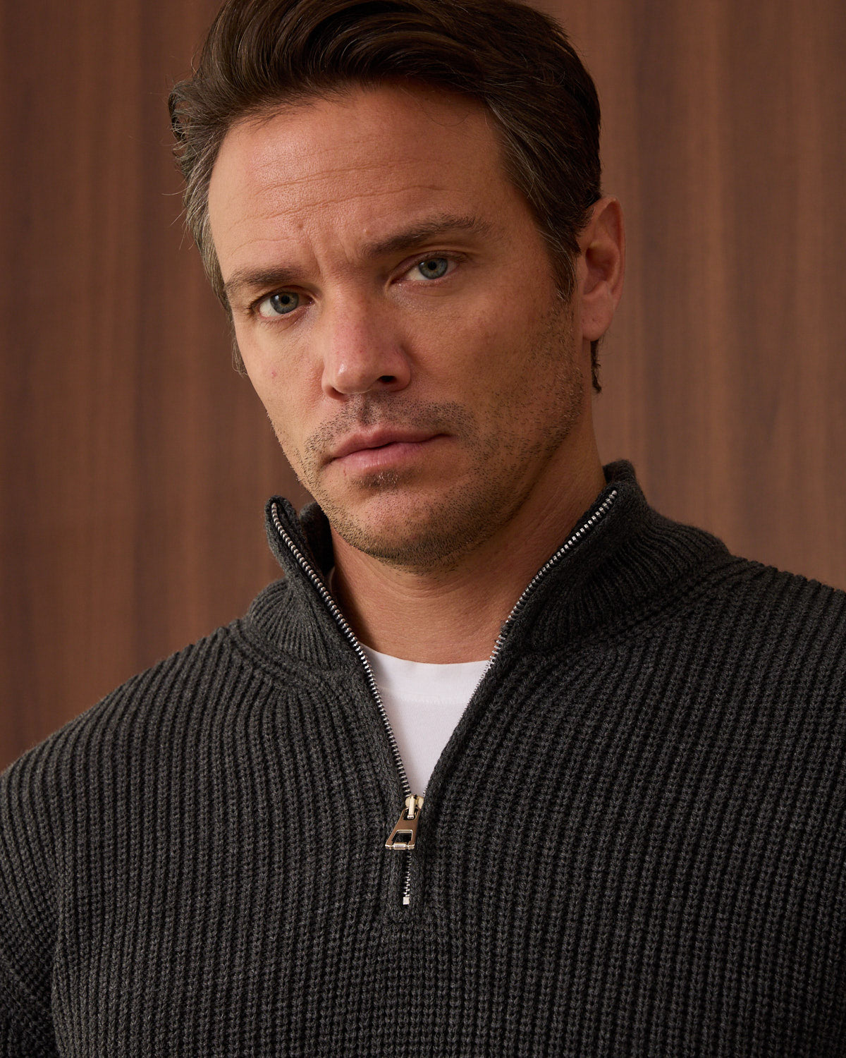 Charcoal Knitted Wool Zipneck Sweater