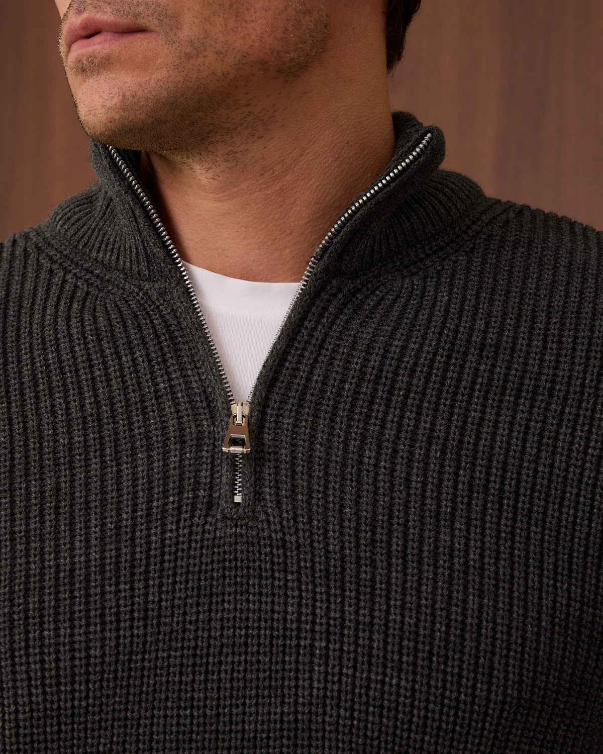 Charcoal Knitted Wool Zipneck Sweater