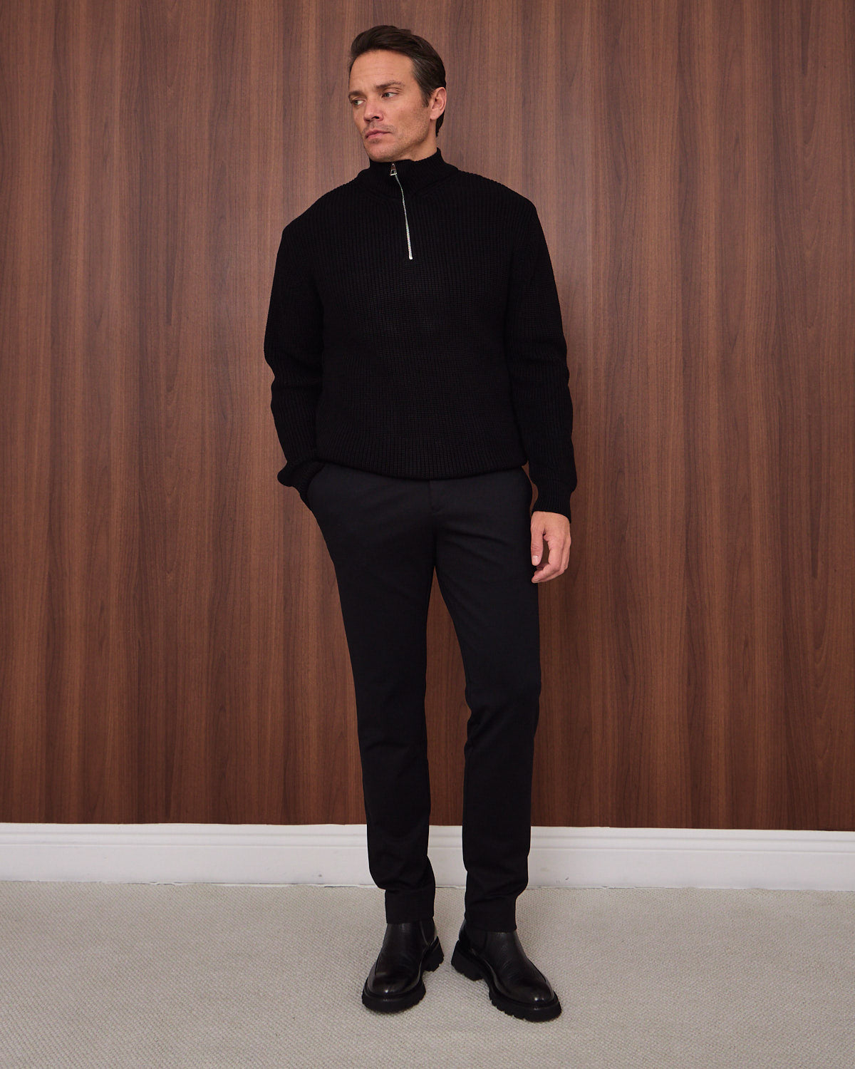 Black Knitted Wool Zipneck Sweater