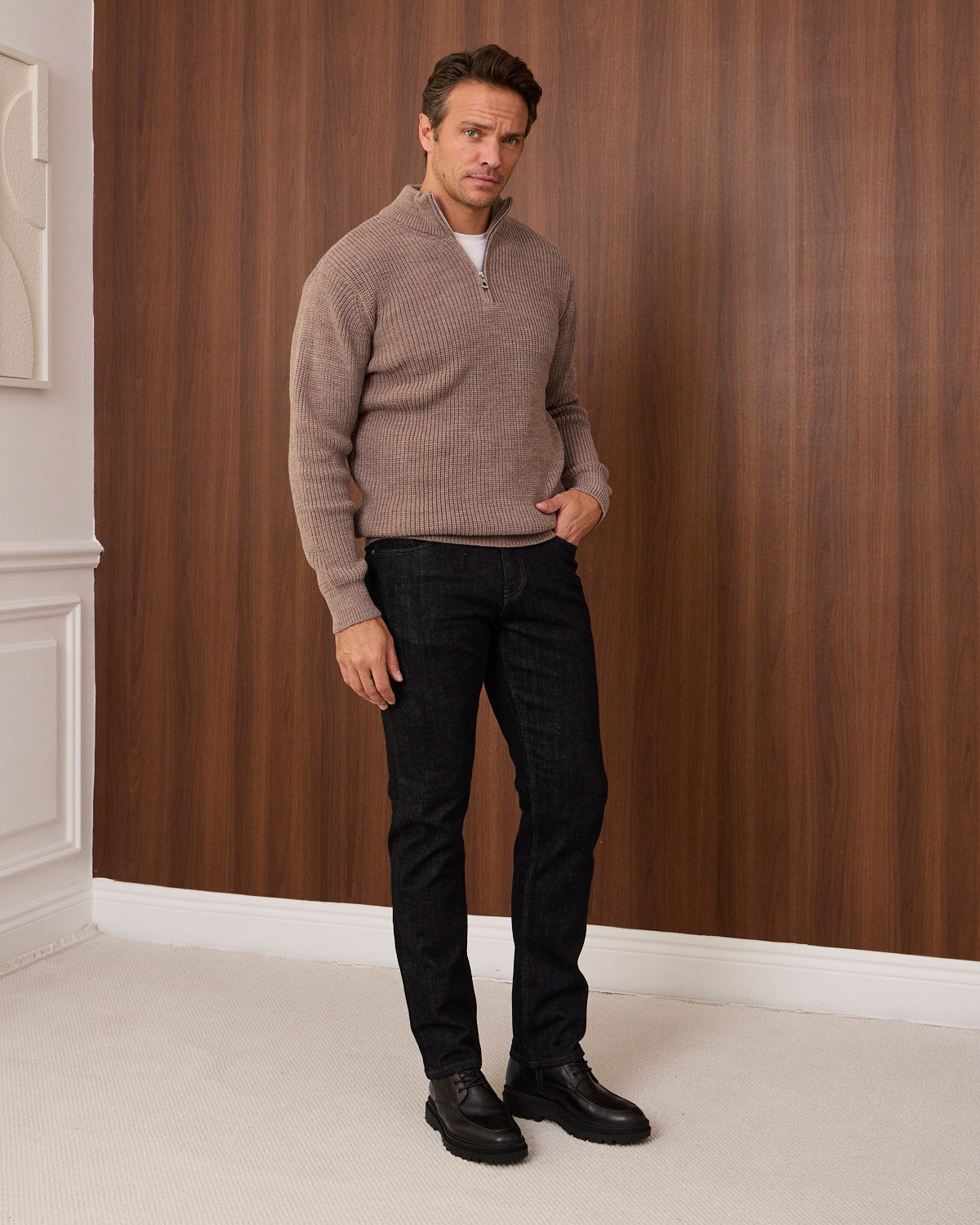 Mocha Knitted Wool Zipneck Sweater