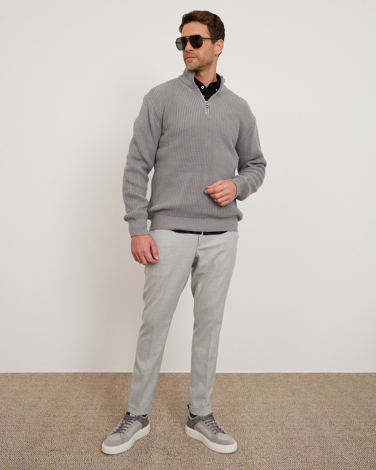 Grey Knitted Wool Zipneck Sweater