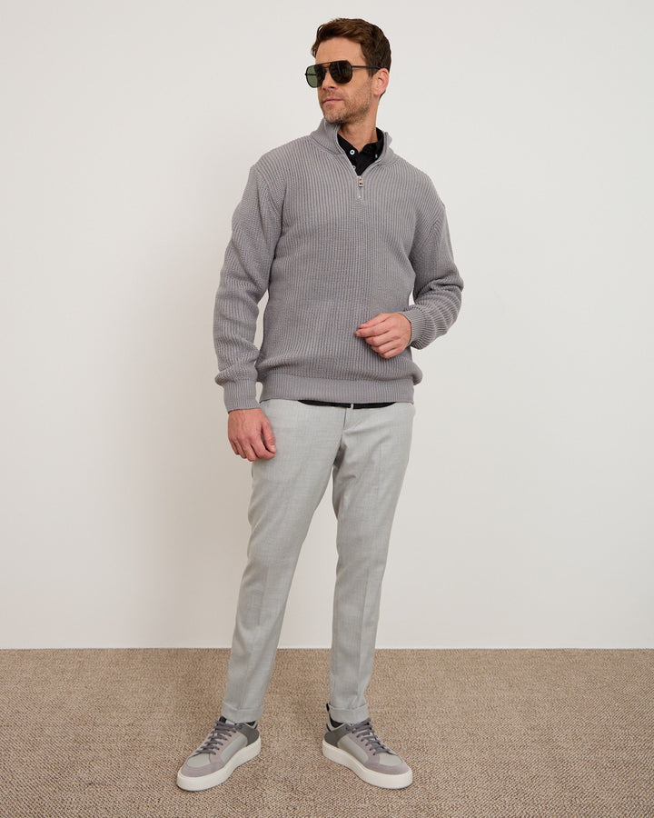 Grey Knitted Wool Zipneck Sweater