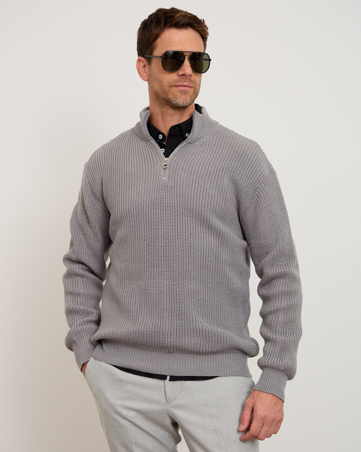 Grey Knitted Wool Zipneck Sweater