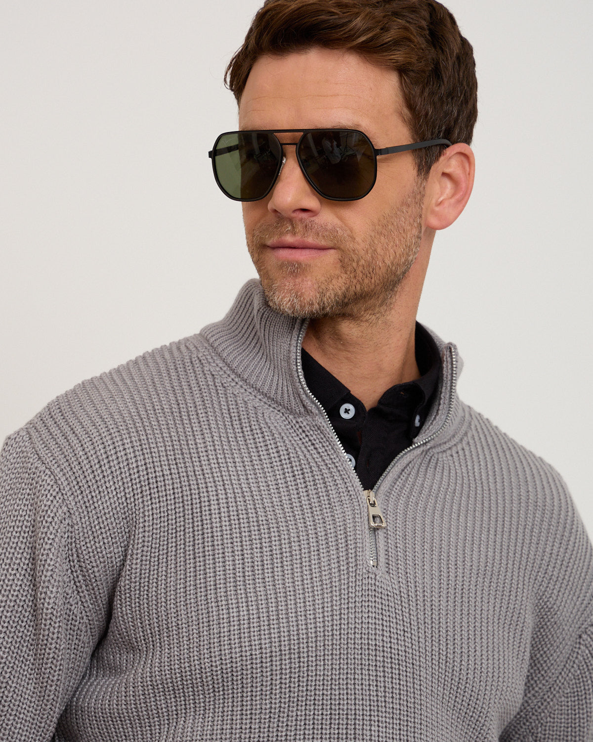 Grey Knitted Wool Zipneck Sweater