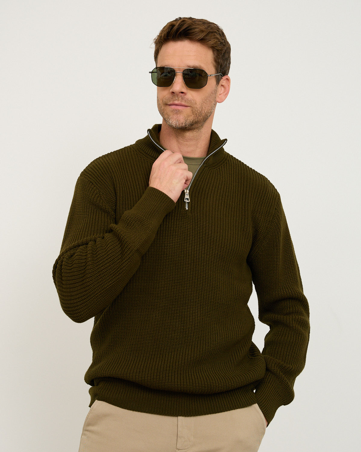Olive Knitted Wool Zipneck Sweater