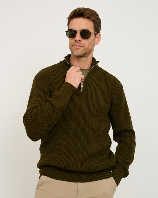 Olive Knitted Wool Zipneck Sweater